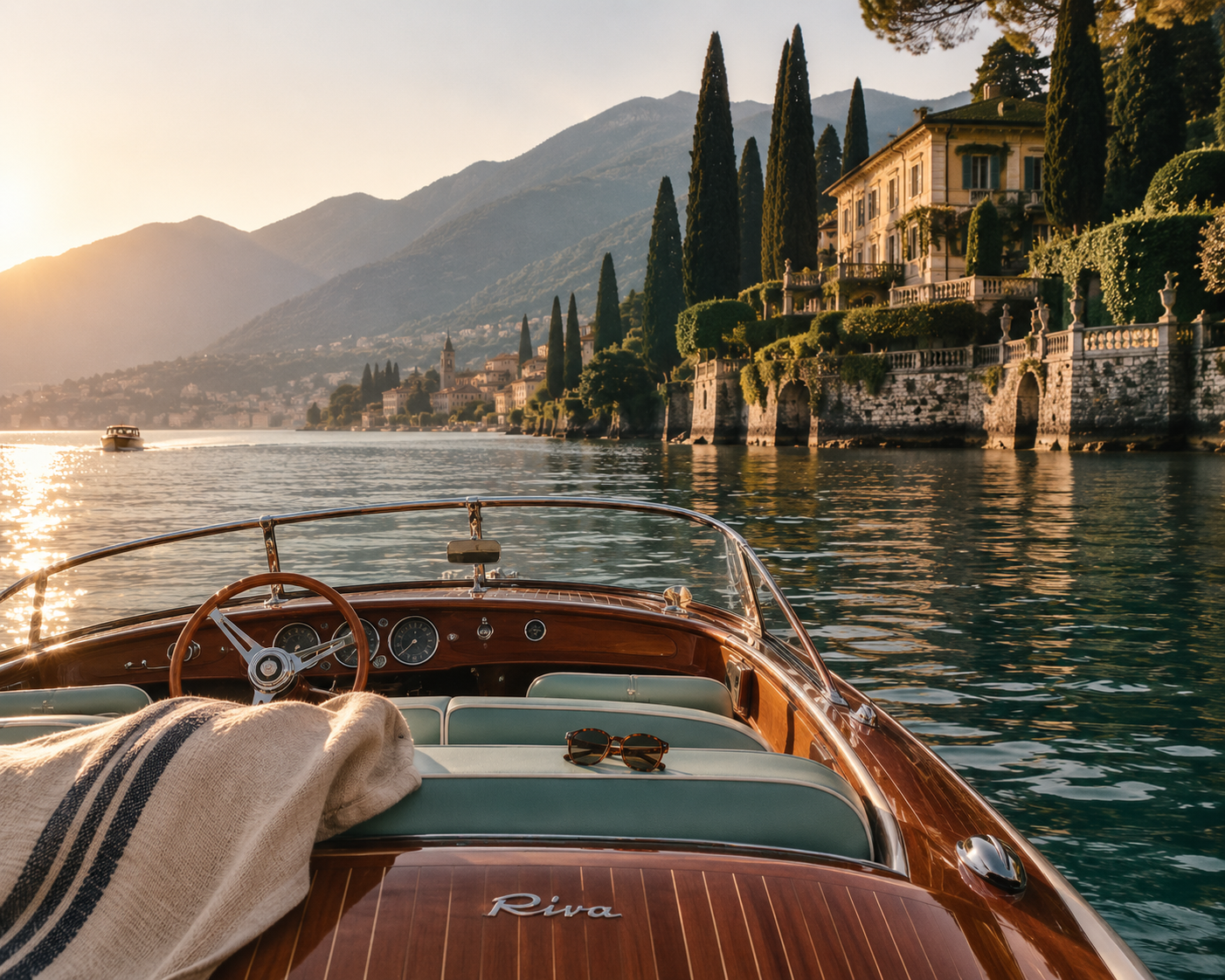 Classic Riva boat on Lake Como at golden hour