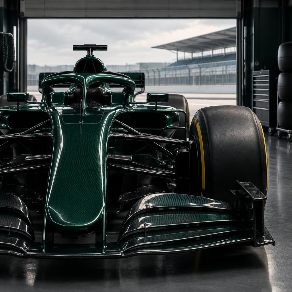 Dark green Formula One car in a pit garage