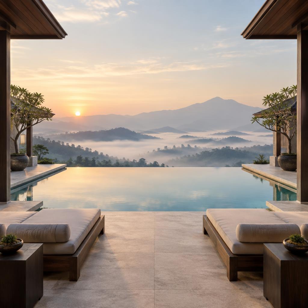 Luxury resort infinity pool overlooking a mountain landscape