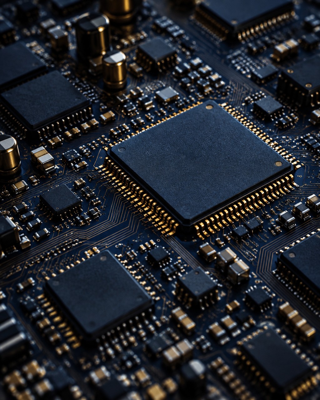 Deep navy circuit board with gold microchip detail