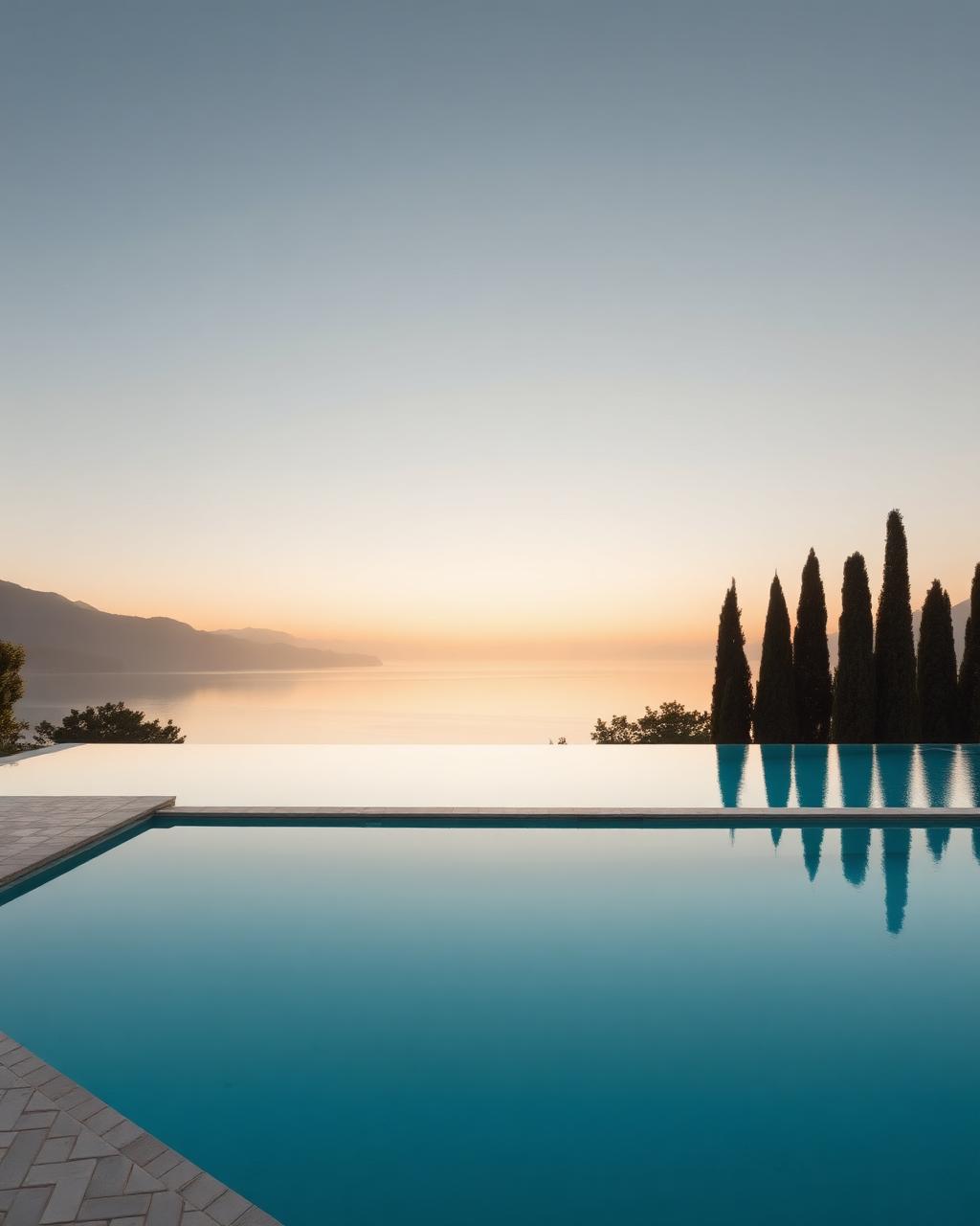 Minimalist villa infinity pool at dawn